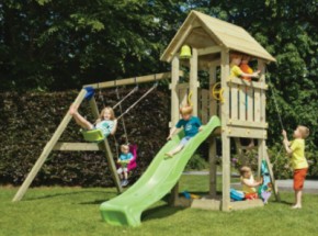 Speeltoestel Kiosk laag met schommel en glijbaan - Blue Rabbit