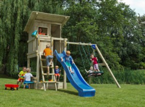 Speeltoestel Blue Rabbit Beach hut hoog met glijbaan en schommel