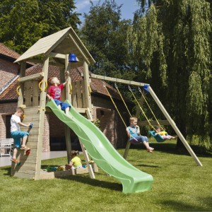 Speeltoestel Blue Rabbit Belvedere hoog met schommel-aanbouw en glijbaan