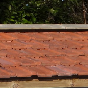 De hondenkennel Roxy wordt geleverd met tweedehandse oranje dakpannen