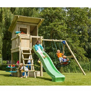 Speeltoestel Beach hut hoog met glijbaan, schommel, klimwand en picknickset