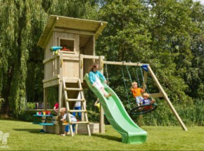 Speeltoestel Beach hut hoog met glijbaan, schommel, klimwand en picknickset